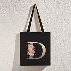 Floral Initial Tote Bag Commuter Bag Shoulder Bag Reusable Eco friendly