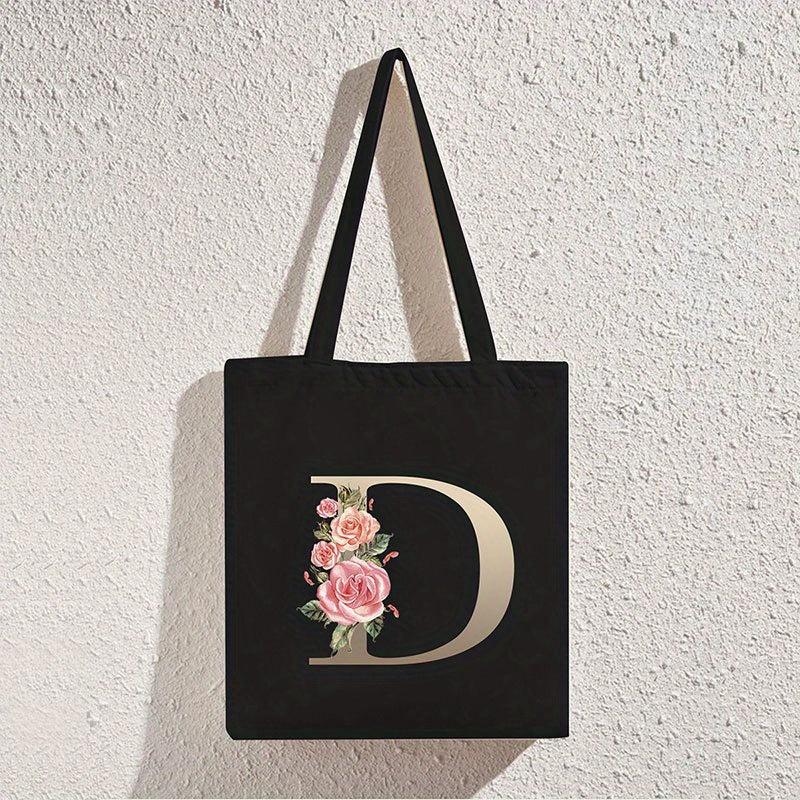 Floral Initial Tote Bag Commuter Bag Shoulder Bag Reusable Eco friendly