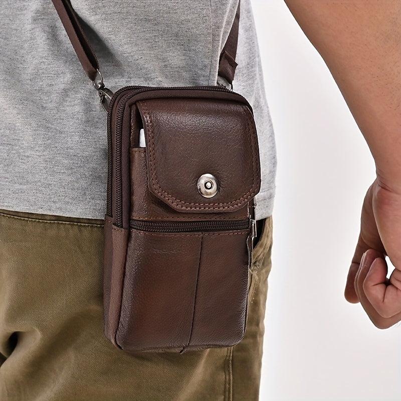 Men's Casual Leather Shoulder Bag Mobile Phone Bag Portable Hanging Waist Bag