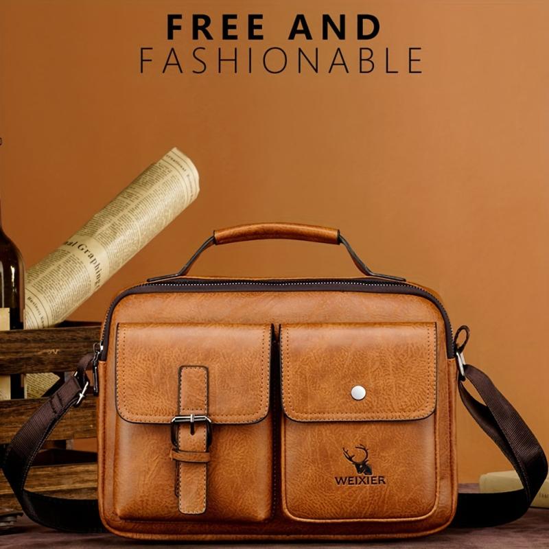 Men's PU Leather Messenger Bag Small Handbag with Pockets