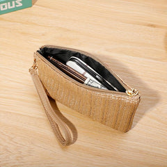 Woven Straw Mini Handbag Zipper Stylish Wristlet Bag Phone Cash Coin Storage