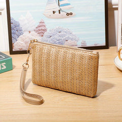 Woven Straw Mini Handbag Zipper Stylish Wristlet Bag Phone Cash Coin Storage