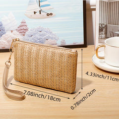 Woven Straw Mini Handbag Zipper Stylish Wristlet Bag Phone Cash Coin Storage