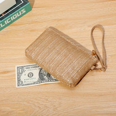 Woven Straw Mini Handbag Zipper Stylish Wristlet Bag Phone Cash Coin Storage