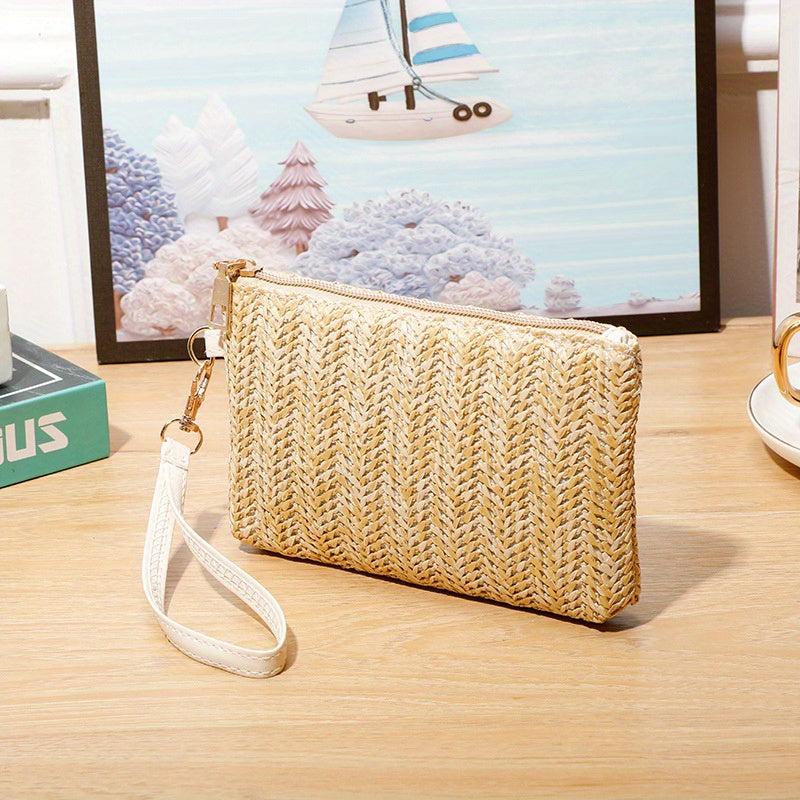Woven Straw Mini Handbag Zipper Stylish Wristlet Bag Phone Cash Coin Storage