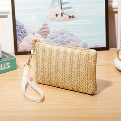 Woven Straw Mini Handbag Zipper Stylish Wristlet Bag Phone Cash Coin Storage