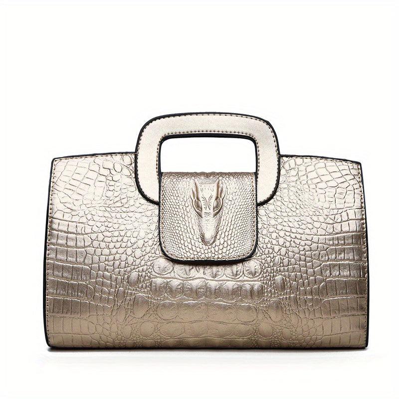 Crocodile Embossed Leather Handbag Stylish Large Capacity Zipper Purse