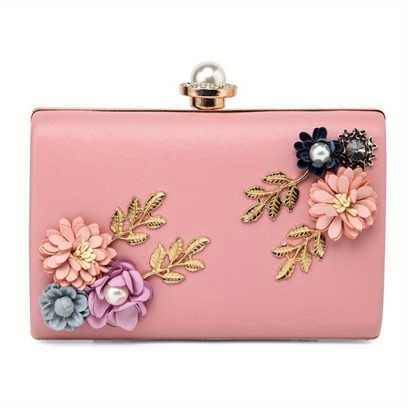 3D Floral Decor Metal Chain Handbag Textured PU Leather Evening Bag