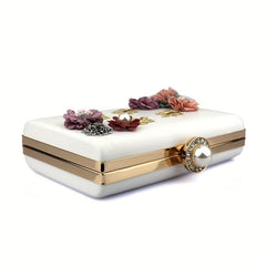 3D Floral Decor Metal Chain Handbag Textured PU Leather Evening Bag
