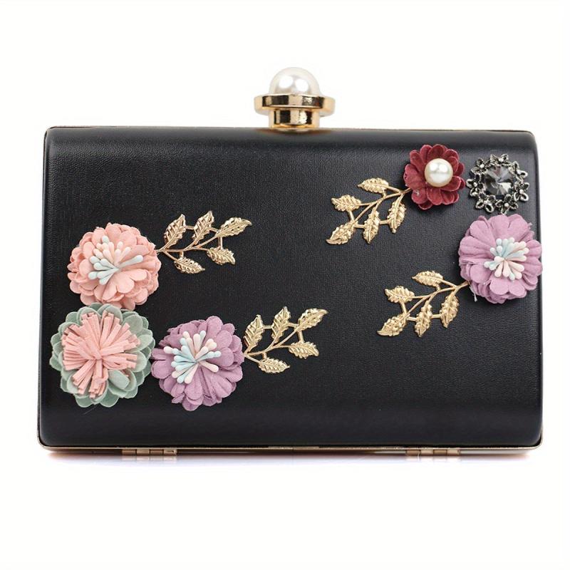 3D Floral Decor Metal Chain Handbag Textured PU Leather Evening Bag