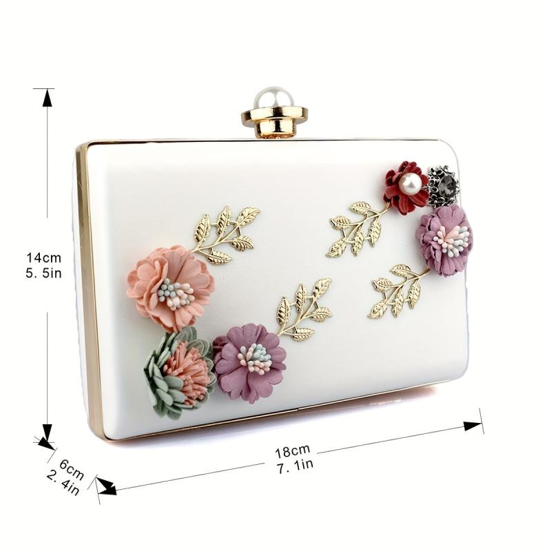 3D Floral Decor Metal Chain Handbag Textured PU Leather Evening Bag