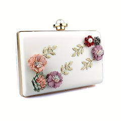 3D Floral Decor Metal Chain Handbag Textured PU Leather Evening Bag