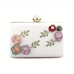 3D Floral Decor Metal Chain Handbag Textured PU Leather Evening Bag