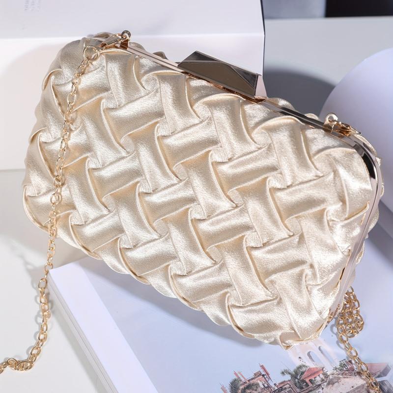 Pleated Woven Pattern Glossy Kiss Lock Metal Chain Clutch