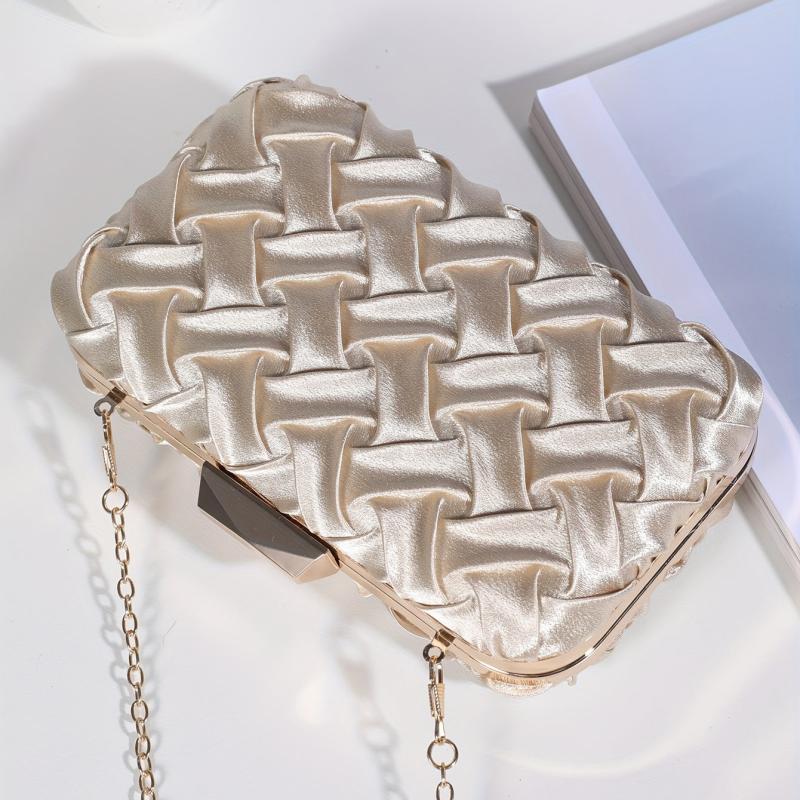 Pleated Woven Pattern Glossy Kiss Lock Metal Chain Clutch