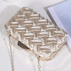 Pleated Woven Pattern Glossy Kiss Lock Metal Chain Clutch