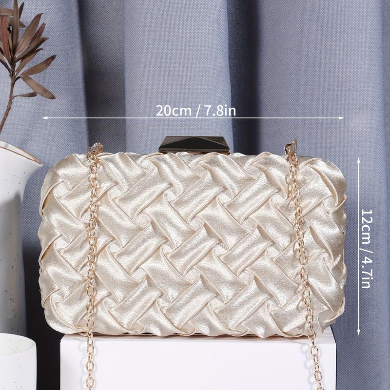 Pleated Woven Pattern Glossy Kiss Lock Metal Chain Clutch