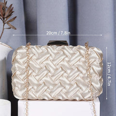 Pleated Woven Pattern Glossy Kiss Lock Metal Chain Clutch