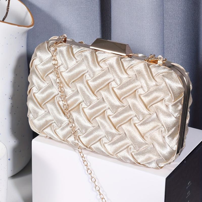 Pleated Woven Pattern Glossy Kiss Lock Metal Chain Clutch