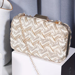 Pleated Woven Pattern Glossy Kiss Lock Metal Chain Clutch