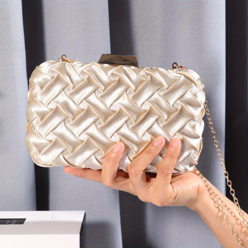Pleated Woven Pattern Glossy Kiss Lock Metal Chain Clutch