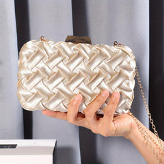 Pleated Woven Pattern Glossy Kiss Lock Metal Chain Clutch
