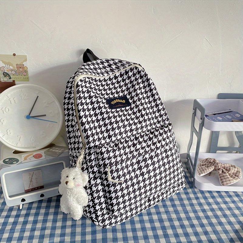 Houndstooth Backpack Plaid Pattern High School Student Schoolbag