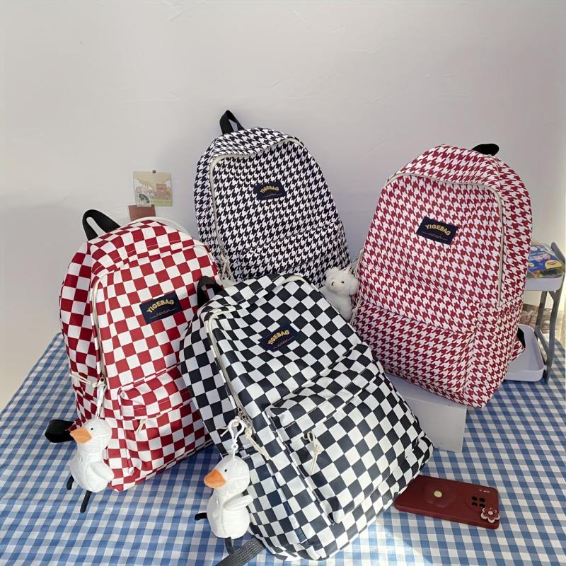 Houndstooth Backpack Plaid Pattern High School Student Schoolbag