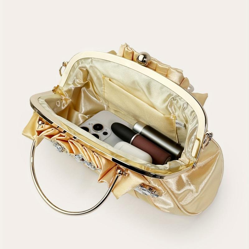 Pleated Rhinestone Glitter Kiss Lock Metal Handle Clutch