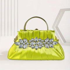 Pleated Rhinestone Glitter Kiss Lock Metal Handle Clutch