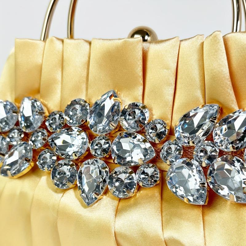 Pleated Rhinestone Glitter Kiss Lock Metal Handle Clutch