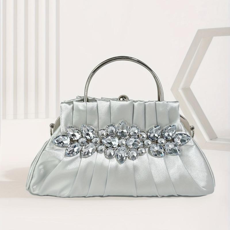 Pleated Rhinestone Glitter Kiss Lock Metal Handle Clutch