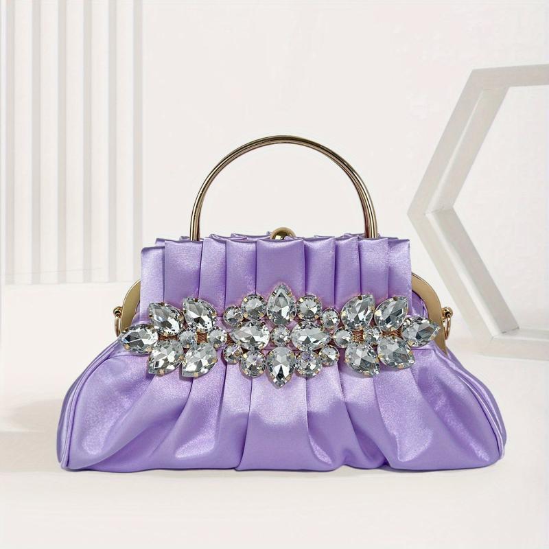 Pleated Rhinestone Glitter Kiss Lock Metal Handle Clutch