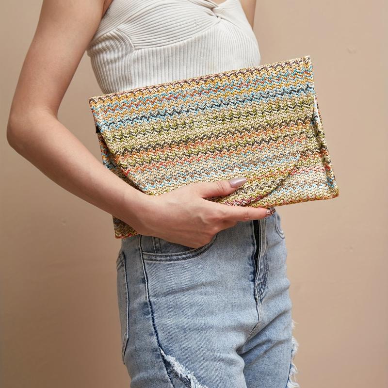 Rainbow Striped Clutch Purse Bohemian Flap Square Bag For Women