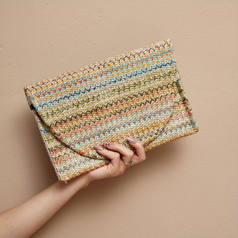 Rainbow Striped Clutch Purse Bohemian Flap Square Bag For Women