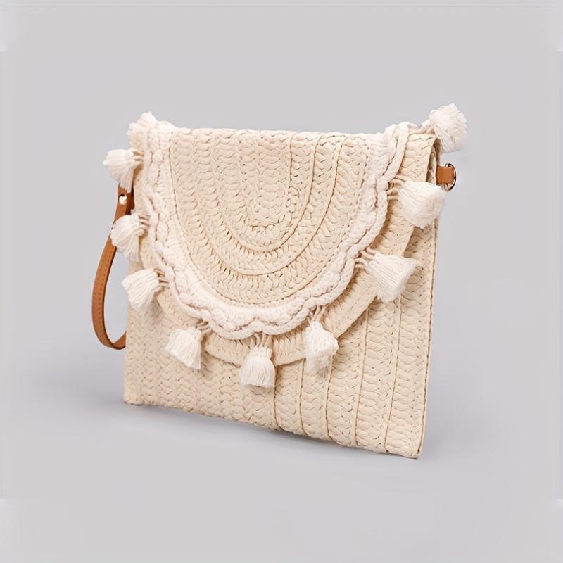 Tassel Decor Woven Envelop Clutch Straw Bag for Women