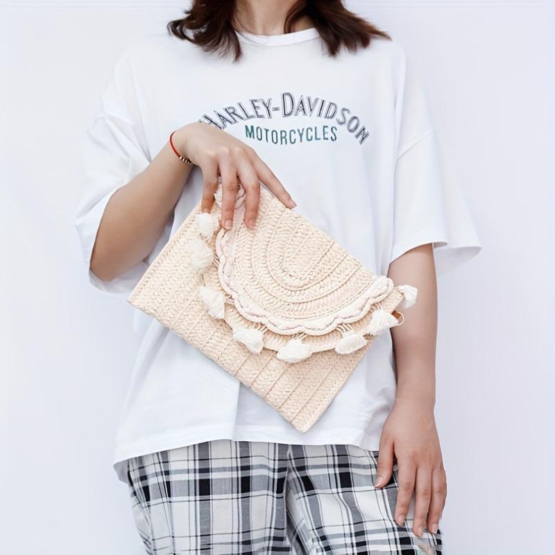 Tassel Decor Woven Envelop Clutch Straw Bag for Women