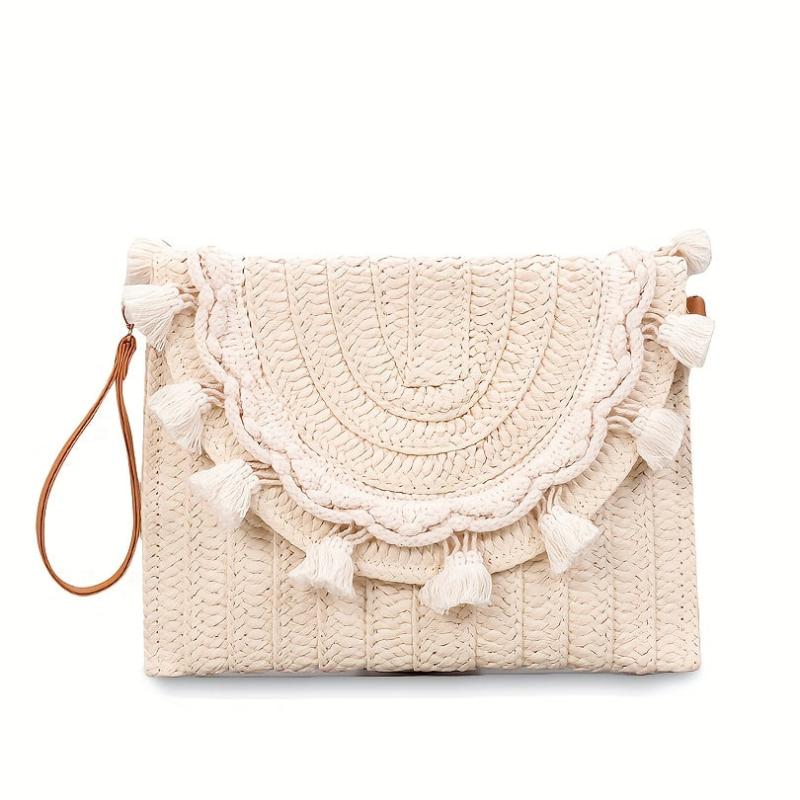 Tassel Decor Woven Envelop Clutch Straw Bag for Women