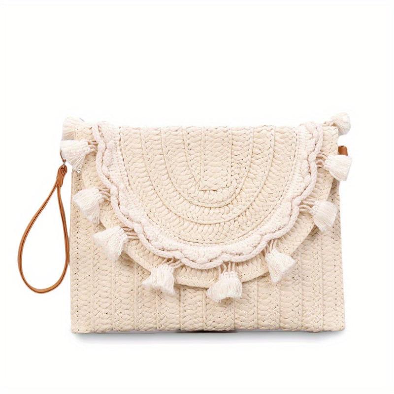 Tassel Decor Woven Envelop Clutch Straw Bag for Women