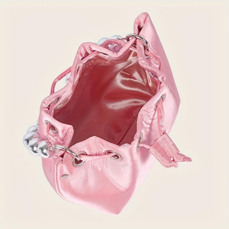 Pink Drawstring Bucket Bag Clutch Purse for Wedding Party Prom