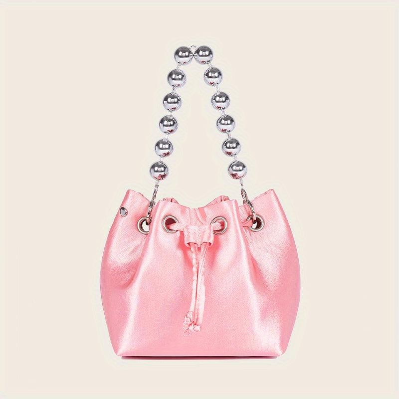 Pink Drawstring Bucket Bag Clutch Purse for Wedding Party Prom