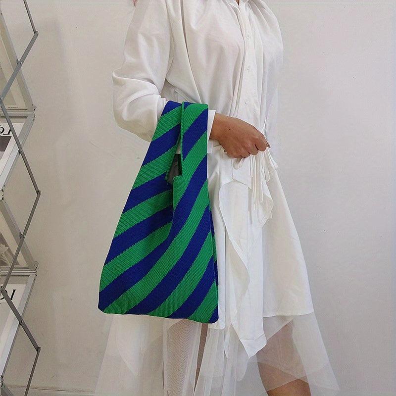 Stylish Geometric Pattern Crochet Bag Colorblock Satchel Woven Bag