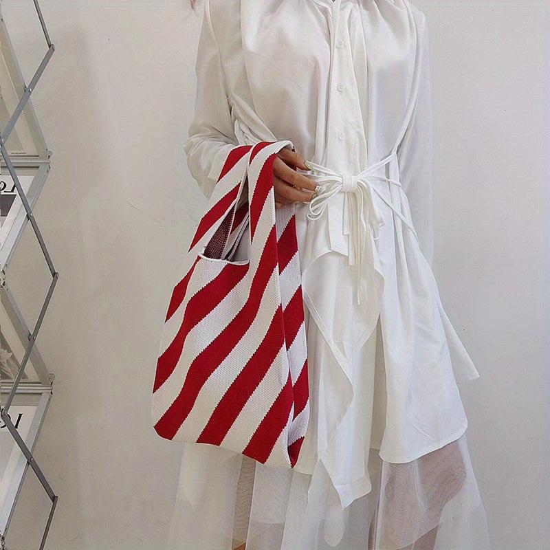 Stylish Geometric Pattern Crochet Bag Colorblock Satchel Woven Bag