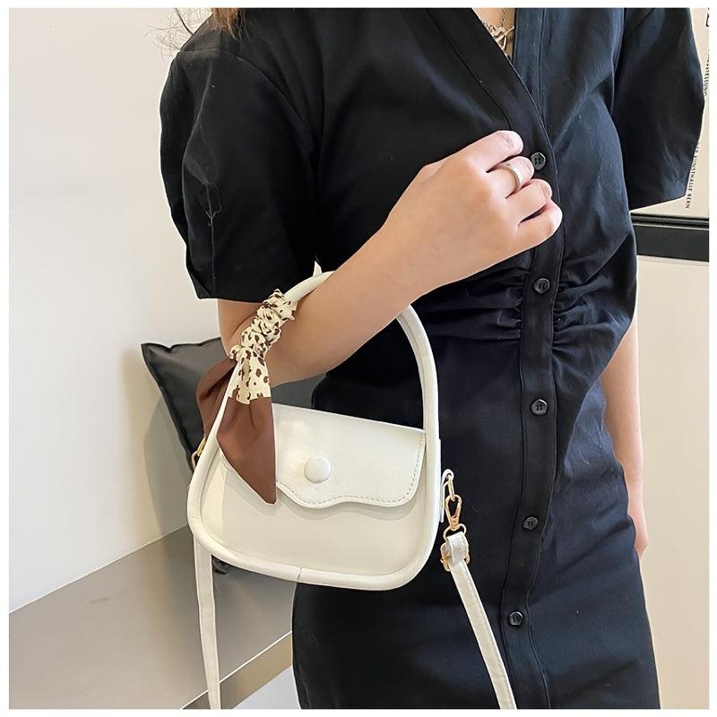 Snap Button Saddle Bag Scarf Decor Crossbody Bag Top Handle Flap Purse For Women
