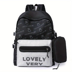 Letter Pattern Printed Backpack with Pen Bag Large Capacity Travel Backpack