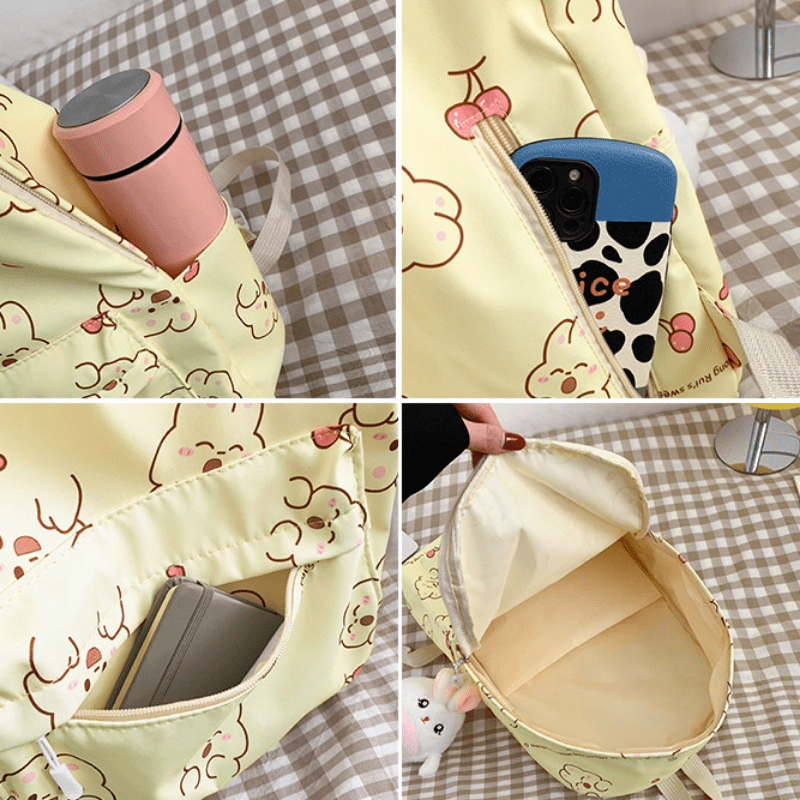 Bear Pattern Yellow Backpack Sweet Girls Backpack Nylon Double Shoulder Bag
