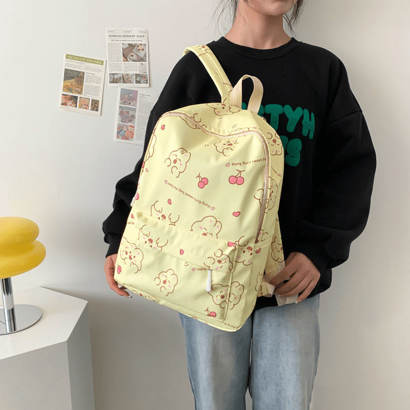 Bear Pattern Yellow Backpack Sweet Girls Backpack Nylon Double Shoulder Bag