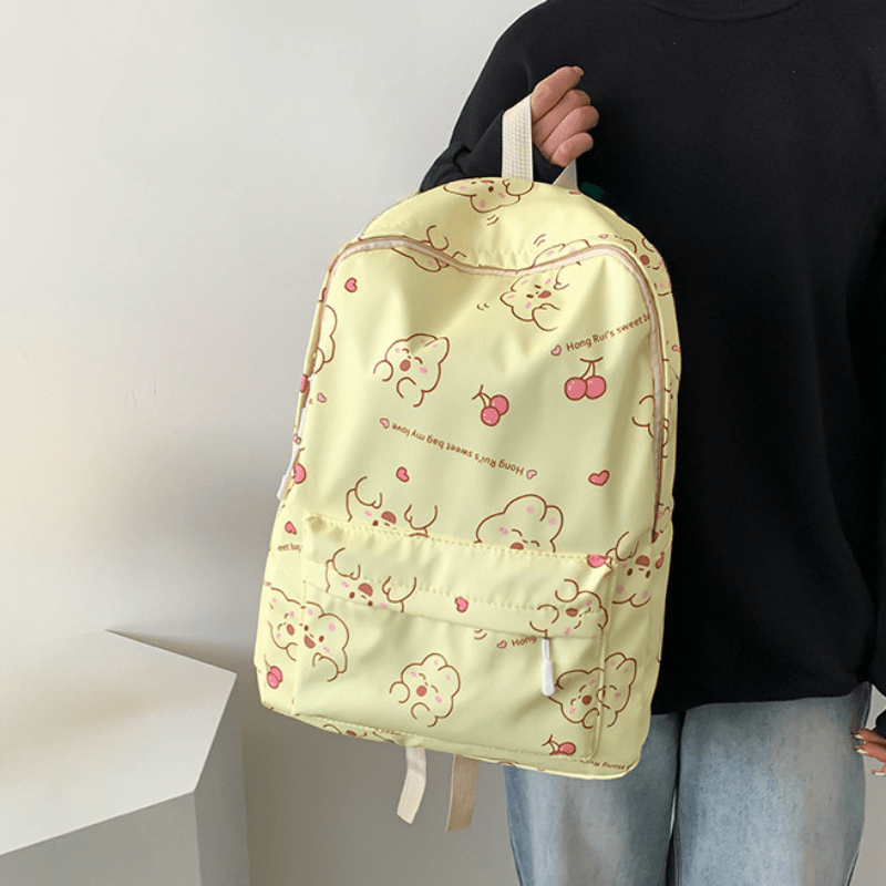 Bear Pattern Yellow Backpack Sweet Girls Backpack Nylon Double Shoulder Bag