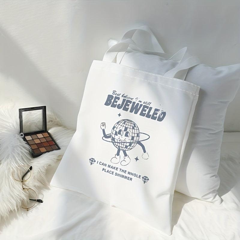 Happy Globe Print Canvas Tote Bag Travel Beach Shoulder Bag
