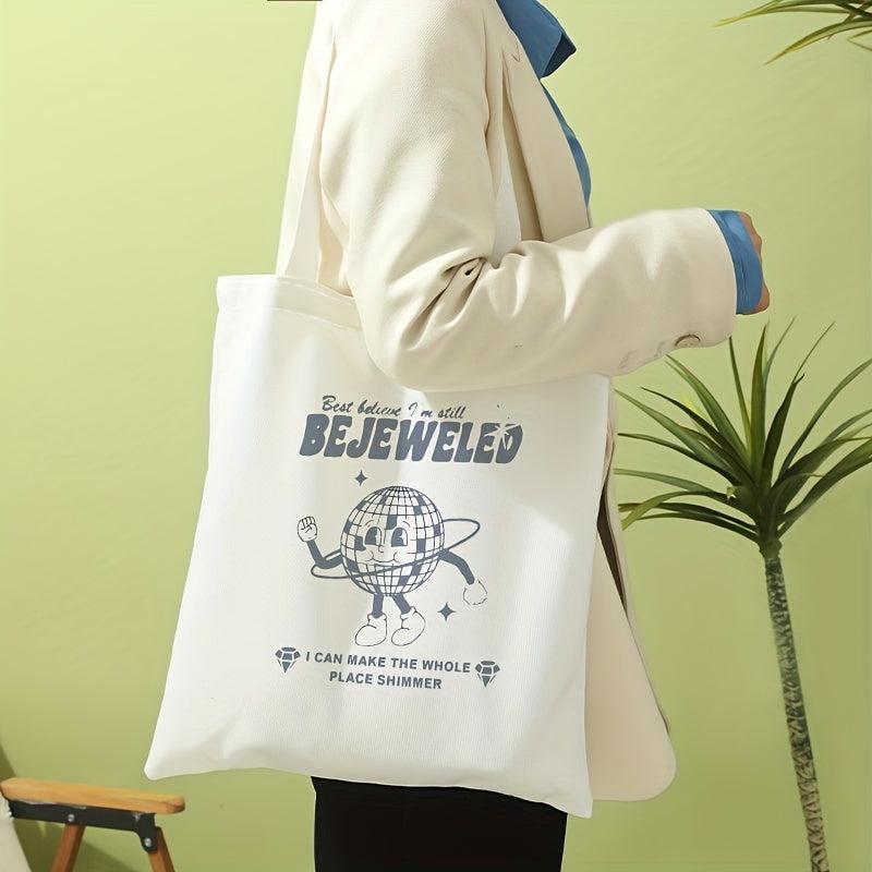 Happy Globe Print Canvas Tote Bag Travel Beach Shoulder Bag